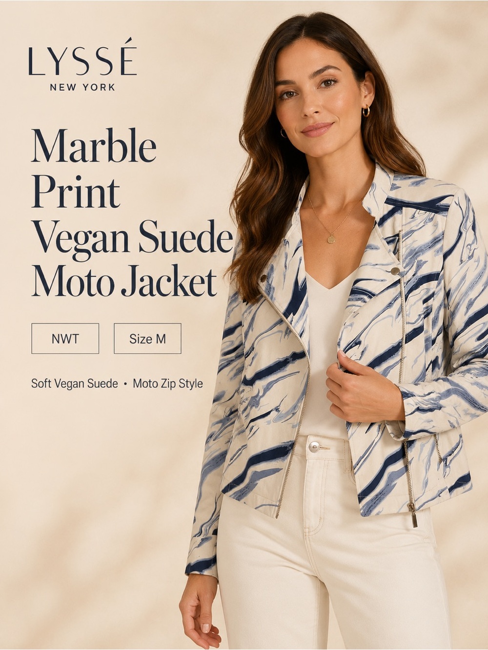 Marble Print Vegan Suede Moto Jacket -‎ Blue & Cream